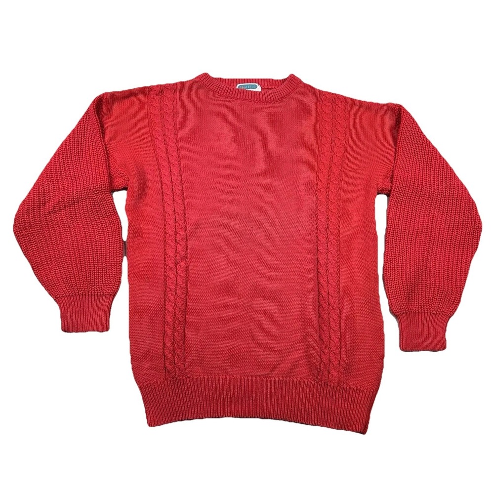 Vintage Sea Isle Sweater Mens XL Ramie Blend Cable Knit Fisherman Solid Red